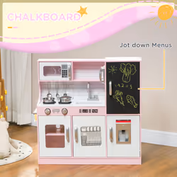 AIYAPLAY Play Kitchen, Pretend Toy Kitchen w/ Toy Phone, Chalkboard, Sink