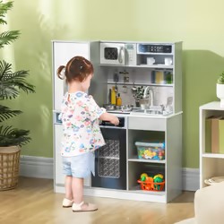 AIYAPLAY Play Kitchen, Pretend Toy Kitchen w/ Sounds, Lights, Microwave