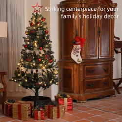 HOMCOM 6ft Artificial Christmas Tree with LED Lights and Red Decorations