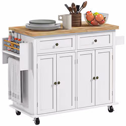 HOMCOM Rolling Kitchen Island Cart with Rubber Wood Top, Spices White