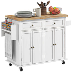 HOMCOM Rolling Kitchen Island Cart with Rubber Wood Top, Spices White