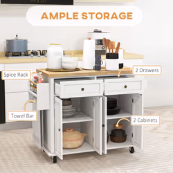 HOMCOM Rolling Kitchen Island Cart with Rubber Wood Top, Spices White