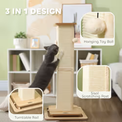 PawHut 87cm Cat Scratching Post, 3-in-1 Cat Scratcher w/ Track Ball Toy