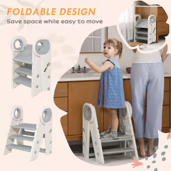 AIYAPLAY Toddler Tower, Foldable and Adjustable, with Handle, Non-Slip, Grey