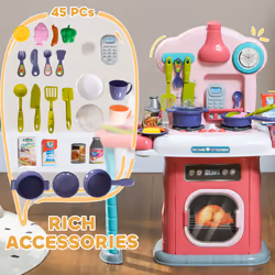 AIYAPLAY 45-Piece Kids Kitchen w/ Rotating Tables, Lights, Sound, Spray