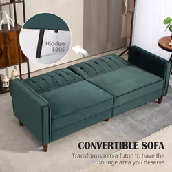HOMCOM Convertible Sofa Futon Velvet-Touch Tufted Couch Sofa Bed Green