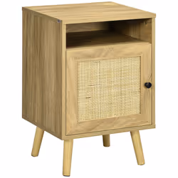 HOMCOM Nightstand, Rattan Bedside Table w/ Cabinet, Shelf, Natural