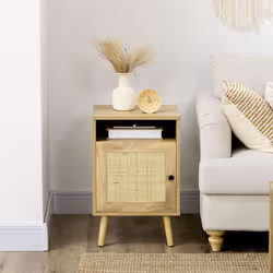 HOMCOM Nightstand, Rattan Bedside Table w/ Cabinet, Shelf, Natural - Additional view 6