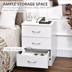 HOMCOM Modern 3 Drawers Side Cabinet Wooden Bedside Table White