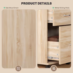 HOMCOM Pedestal Office Mobile Filing Cabinet 2 Drawer Wooden Storage Oak