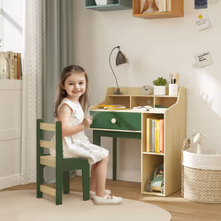 AIYAPLAY Kids Desk and Chair Set with Storage Shelves, Drawer, Green