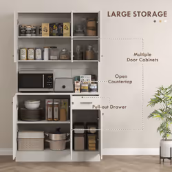 HOMCOM Freestanding Kitchen Cupboard, Storage Cabinet with Doors Cream White