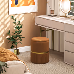 HOMCOM Round Pouffe, Storage Footstool with Cushioned Top, Light Brown