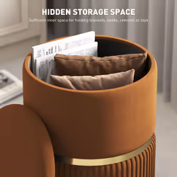 HOMCOM Round Pouffe, Storage Footstool with Cushioned Top, Light Brown