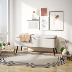 HOMCOM Storage Ottoman Bench, Linen Fabric Footstool with Steel Legs Cream White