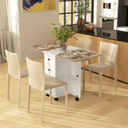 HOMCOM Folding Dining Table, Drop Leaf Table With Drawers Oak and White