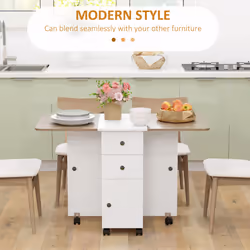 HOMCOM Folding Dining Table, Drop Leaf Table With Drawers Oak and White
