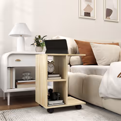 HOMCOM C-Shape End Table Storage Unit w/ 2 Shelves 4 Wheels Home Natural