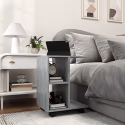 HOMCOM C-Shape End Table Storage Unit w/ 2 Shelves 4 Wheels Home Office Grey