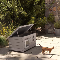 PawHut Outdoor Cat House with Openable Top, Asphalt Roof, Window, Grey
