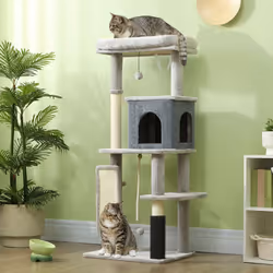 PawHut 132cm Cat Tree for Indoor Cats w/ Scratching Posts, Light Grey