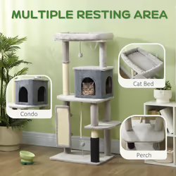 PawHut 132cm Cat Tree for Indoor Cats w/ Scratching Posts, Light Grey