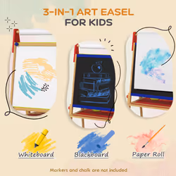 AIYAPLAY 3-in-1 Kids Easel with Paper Roll, Whiteboard, Chalkboard