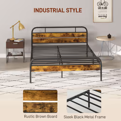 HOMCOM King Bed Frame with Headboard, No Box Spring Needed, Rustic Brown