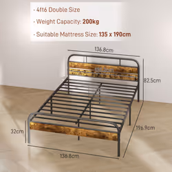 HOMCOM Double Bed Frame with Headboard, No Box Spring Needed, Rustic Brown