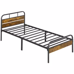 HOMCOM Single Bed Frame with Headboard, No Box Spring Needed, Rustic Brown
