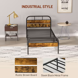 HOMCOM Single Bed Frame with Headboard, No Box Spring Needed, Rustic Brown