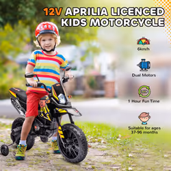 AIYAPLAY 12V Aprilia Licensed Kids Motorbike with Training Wheels, Yellow