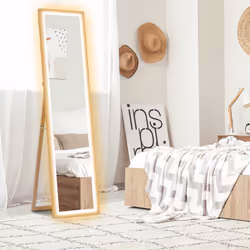 HOMCOM Dimming Full Length Mirror w/ Lights Standing Leaning Wall Mount Oak
