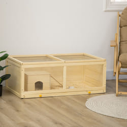 PawHut Wooden Hamster Cage w/ Sliding Tray, Openable Top, Hut, Natural Wood