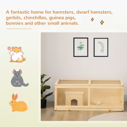 PawHut Wooden Hamster Cage w/ Sliding Tray, Openable Top, Hut, Natural Wood