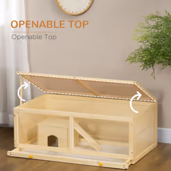 PawHut Wooden Hamster Cage w/ Sliding Tray, Openable Top, Hut, Natural Wood