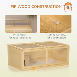 PawHut Wooden Hamster Cage w/ Sliding Tray, Openable Top, Hut, Natural Wood - Additional view 5