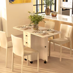 HOMCOM Folding Dining Table, Drop Leaf Table With Drawers Natural Wood
