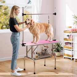 PawHut Metal Adjustable Dog Grooming Table Rubber Top 2 Safety Slings Mesh