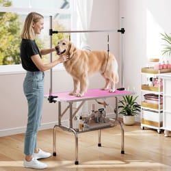 PawHut Metal Adjustable Dog Grooming Table Rubber Top 2 Safety Slings Mesh