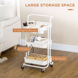 HOMCOM 3-Tier Utility Cart, Rolling Serving Trolley with Baskets, White