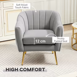 HOMCOM Velvet-Look Shell Shaped Chair with Thick Padded Seat, Grey