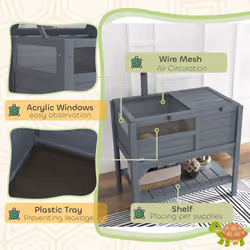 PawHut Wooden Tortoise House w/ Run, Shelter, Shelf, Lamp Holder, Grey - Additional view 5