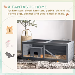 PawHut Wooden Hamster Cage w/ Sliding Tray, Openable Top, Hut, Grey