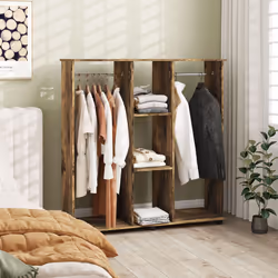 HOMCOM Mobile Double Open Wardrobe w/ Clothes Hanging Rail, Rustic Brown