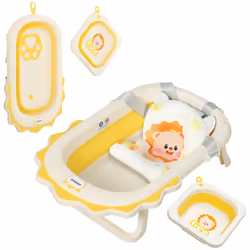 AIYAPLAY Foldable Baby Bath Tub Set with Bath Cushion, Wash Basin, Yellow