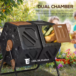 Outsunny 130L Compost Bin Dual Chamber Rotating Composter w/ Ventilation Holes