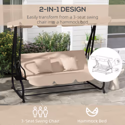 Outsunny 2-in-1 Garden Swing Chair for 3 Person w/ Adjustable Canopy Light Brown