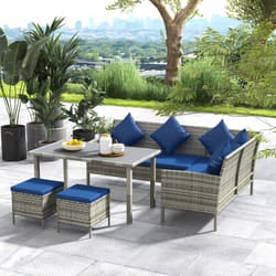 Outsunny 5Pcs Rattan Dining Corner Sofa Set, Garden Furniture Set, Dark Blue