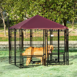 PawHut Dog Kennel with Rotating Bowl Holders, Cover, Outdoor Dog Run
